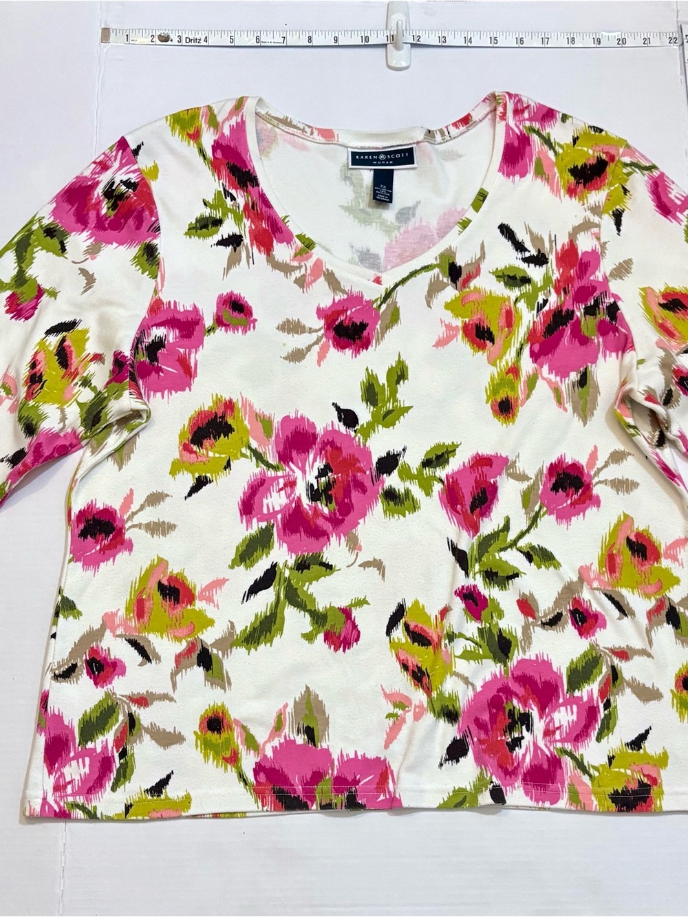 Karen Scott Cream V-Neck Long Sleeve Floral Top with Pink & Green Print